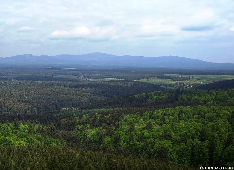 Aussicht vom Carlshaus-Turm auf Trautenstein und den Brocken