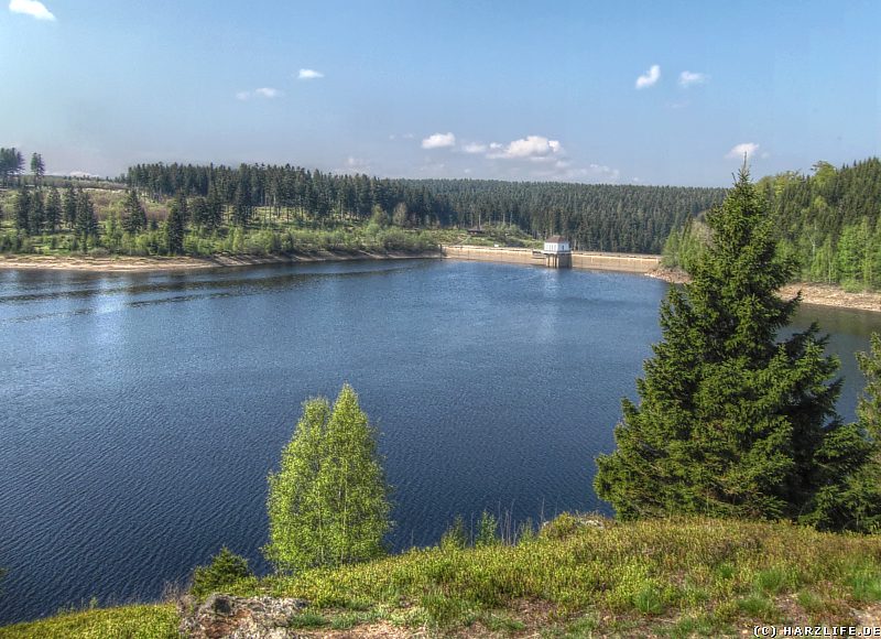 Blick über den Eckerstausee auf die Staumauer