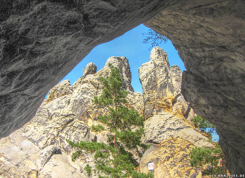 Blick aus der Felsenhöhle auf das Hamburger Wappen